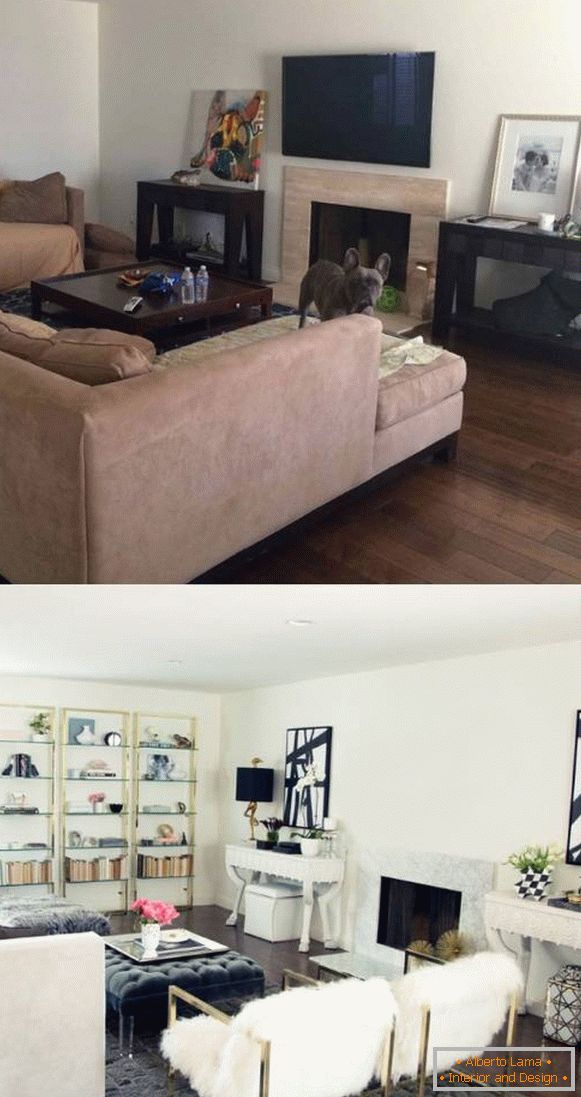 Интериори на хола на частна къща преди и след