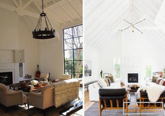 Нов интериорен дизайн на частна къща: дневна преди и след