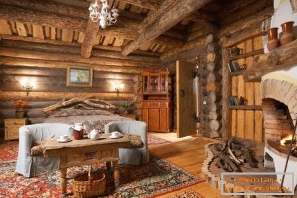Интериор на дървена къща от дървени трупи - снимки в руски стил