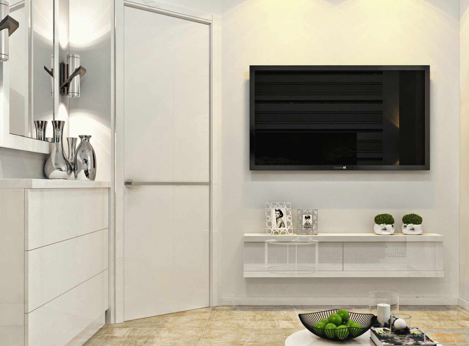 Телевизор на стената във вътрешността на белия минимализъм