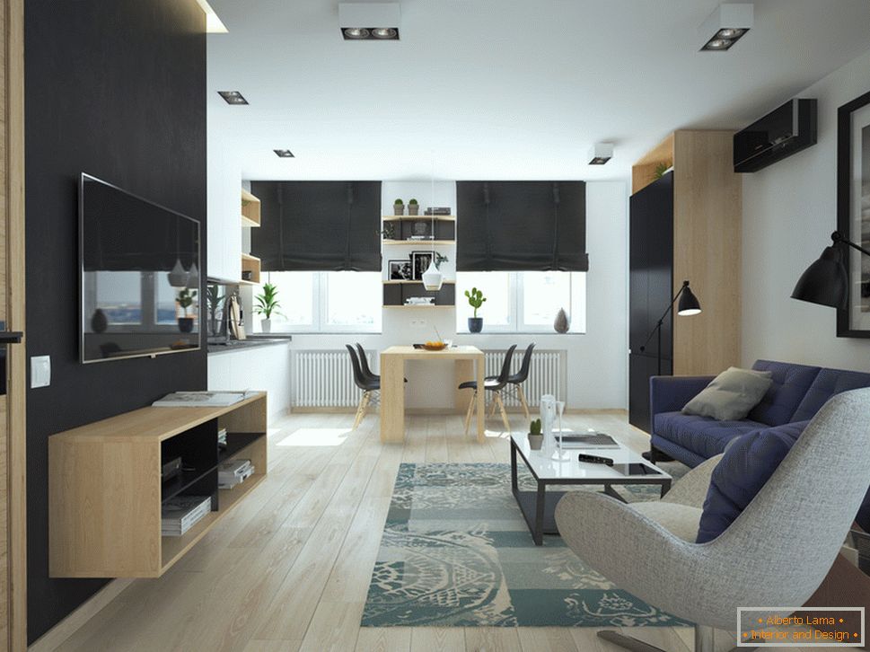 Интериорът на малък апартамент в контрастни цветове - гостиная и столовая