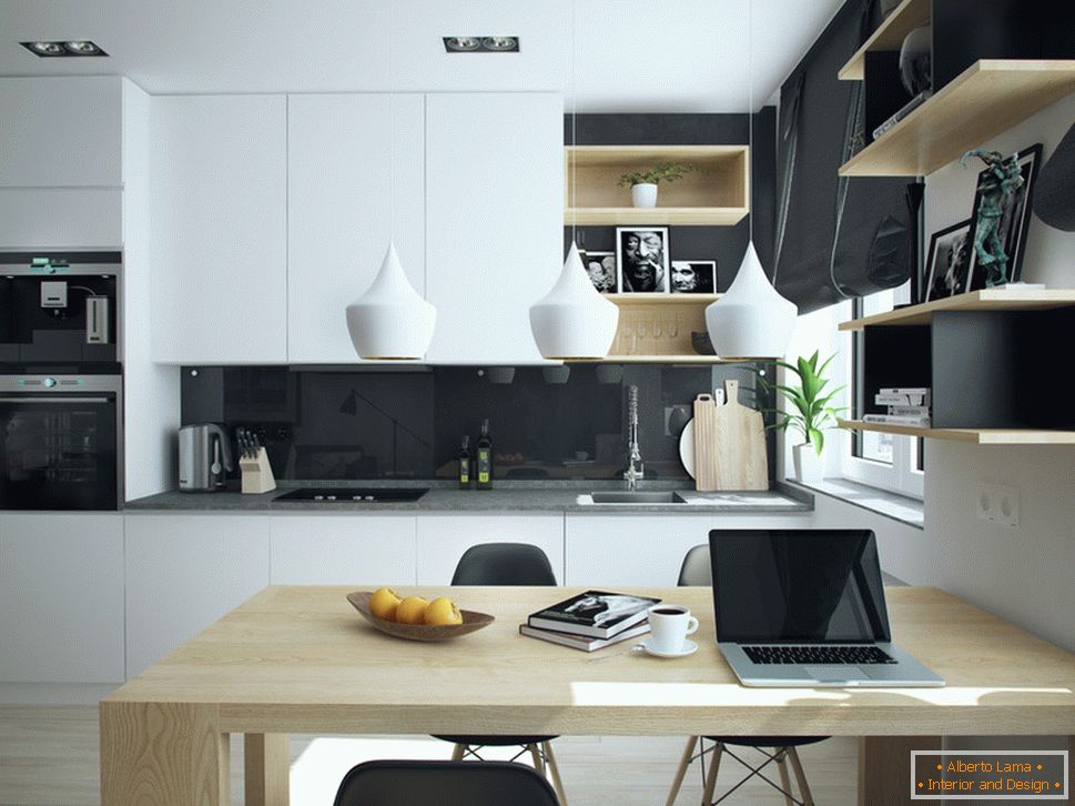 Интериорът на малък апартамент в контрастни цветове - кухня
