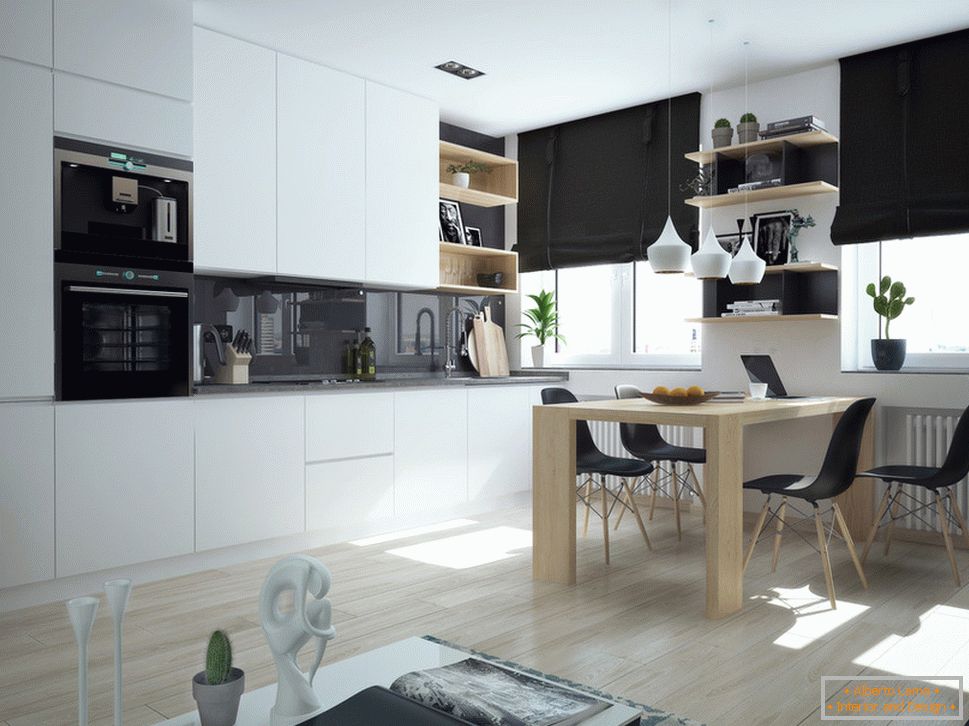 Интериорът на малък апартамент в контрастни цветове - кухня и столовая