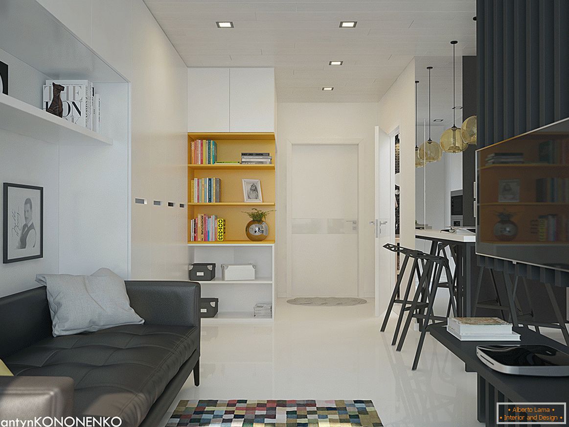 Интериорът на малък апартамент в контрастни цветове - гостиная