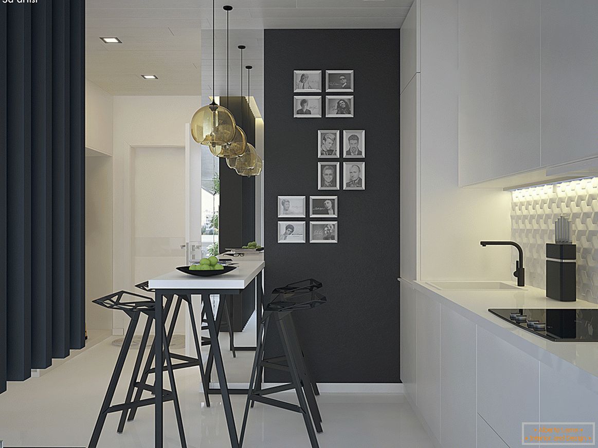 Интериорът на малък апартамент в контрастни цветове - кухня