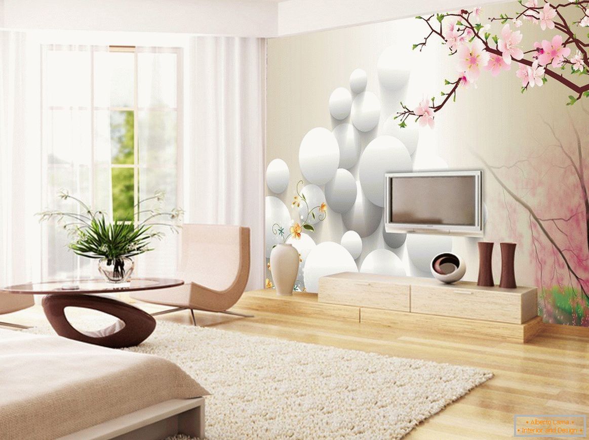 Дизайн на бяла спалня с фото тапети