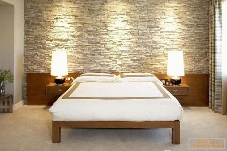 Каменна стена в спалня в скандинавски стил