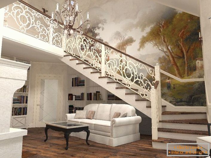 Впечатляващата хармония на елегантното стълбище и интериорът на къщата в средиземноморски стил.