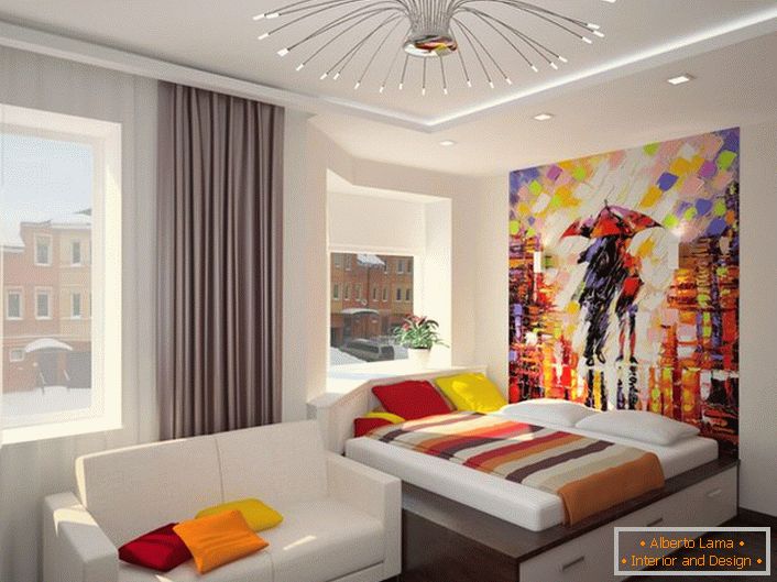 Творчески дизайн на спалнята в стила на Арт Нуво. Използването на ярки, сочни цветове прави стаята наистина уютна и топла.