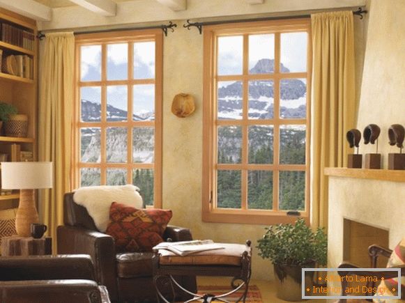 Дизайн на прозорец в дневната - снимка на дървени прозорци