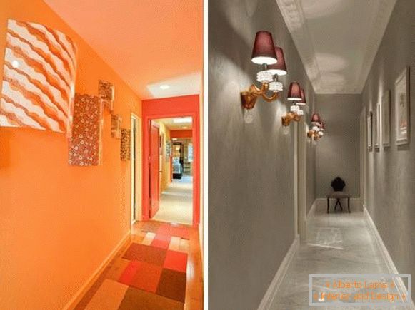 Стенни лампи в дизайна на тесен коридор в апартамента