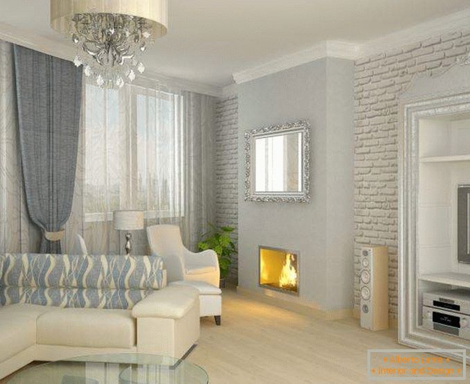Класически дизайн на залата с камина в частна къща