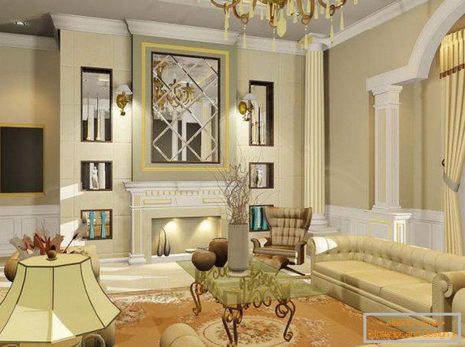 Интериорен дизайн на хола в частна къща в класически стил