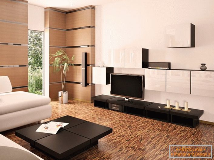 Стилната модерна стая в бял и светъл бежов цвят е украсена с мебели от тъмно дърво.