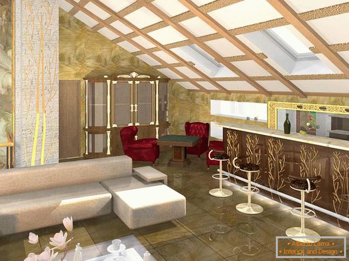 Проектиране проект правилно планирана стая за гостите в стил Арт Нуво. Минимум мебели, контрастиращи цветове в най-добрите традиции на стил.