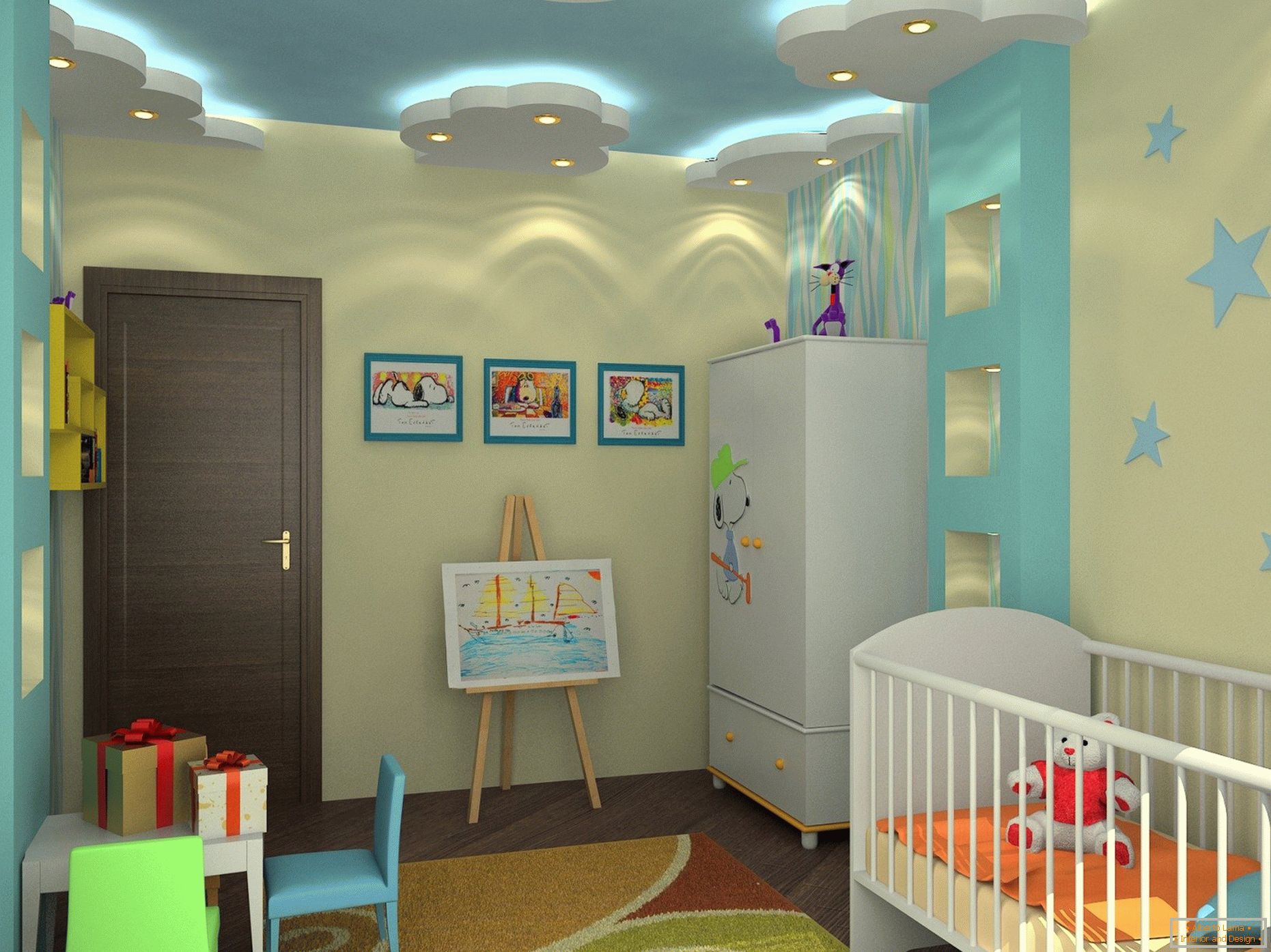 Осветление на тавана на гипсокартона в детската стая