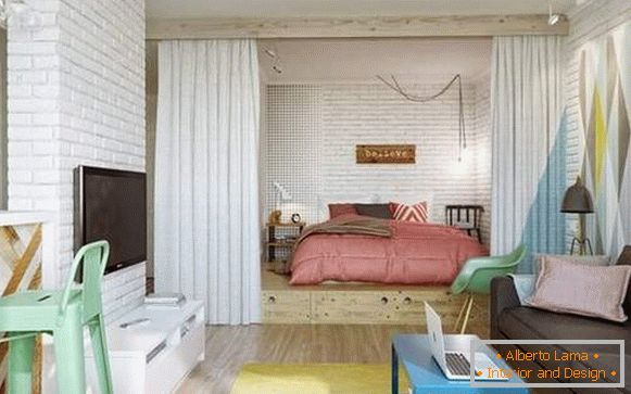 как да подредите мебели в стаята на едностаен апартамент, снимка 24
