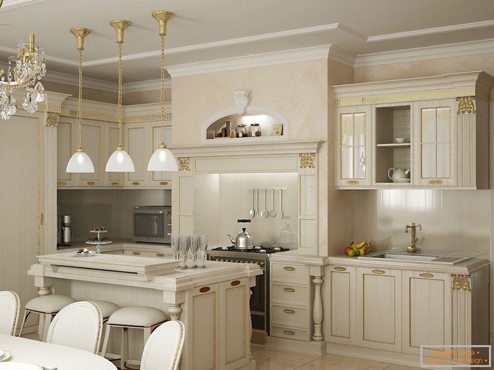 Бяла кухня с позлатена фасадна украса