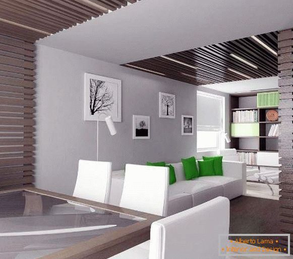 Интериор на малка зала в частна къща в модерен минималистичен стил