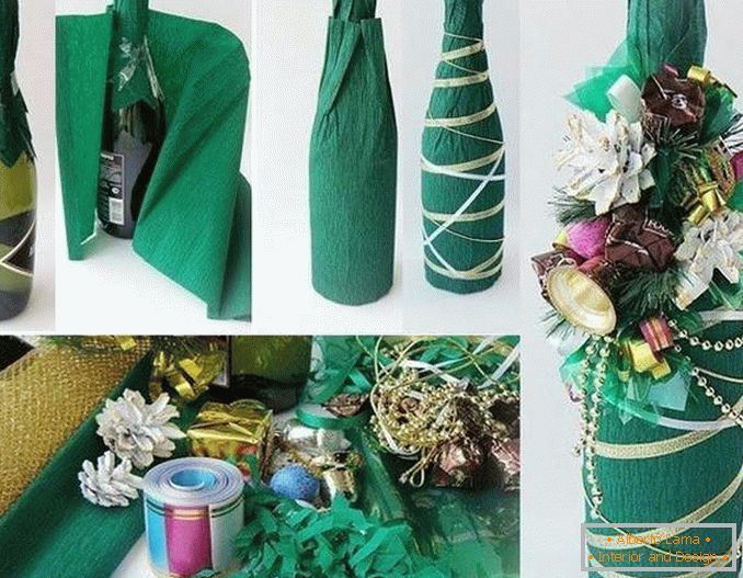 Декориране на бутилка шампанско с мека хартия и друг декор