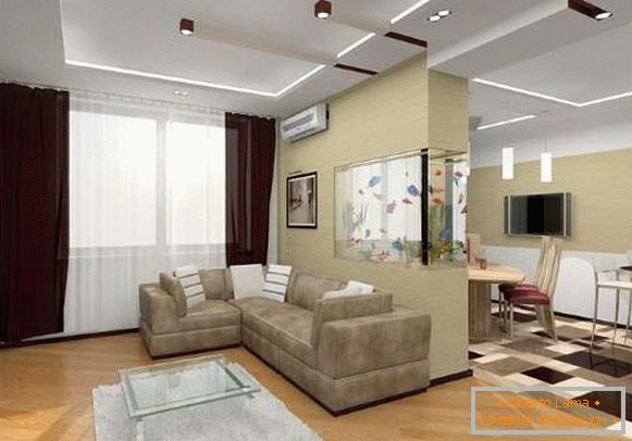 Дизайн на двустаен апартамент панел - снимка на интериора на кухнята на хола