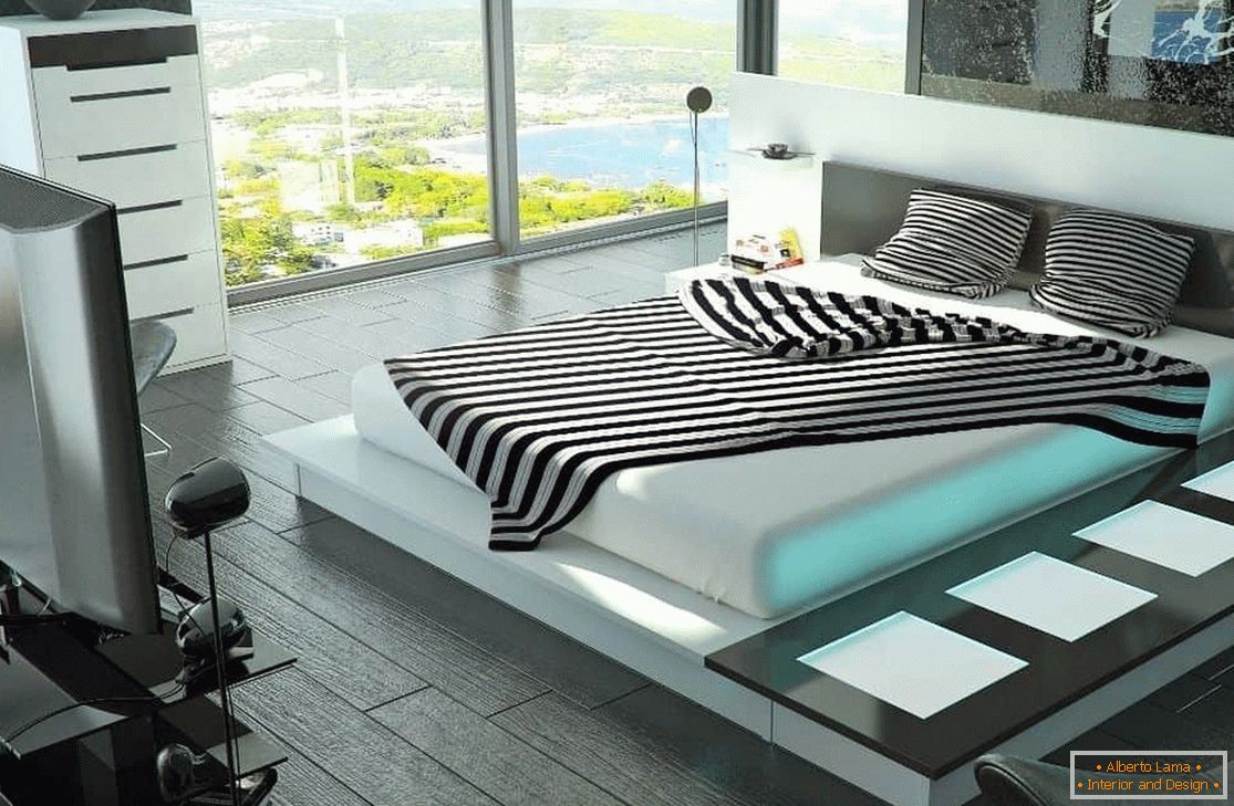 Спалня с голямо легло с високотехнологично осветление