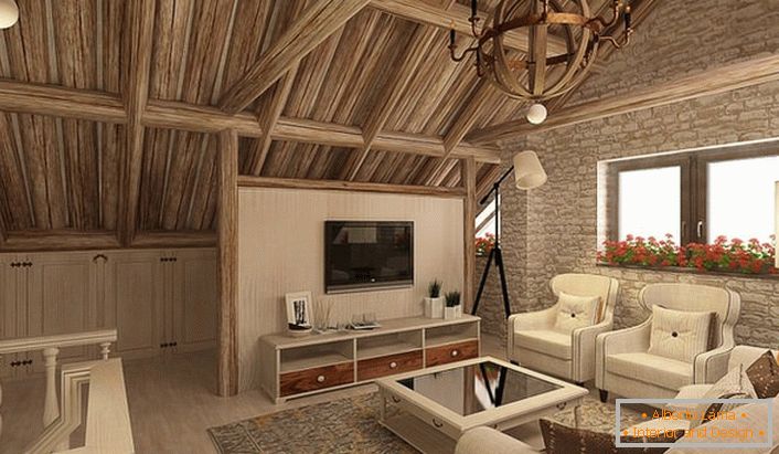 Стая за гости на таванския етаж на скандинавската къща. Таванското пространство под ясните указания на дизайнера се превърна в пълнофункционален, функционален и привлекателен хол.