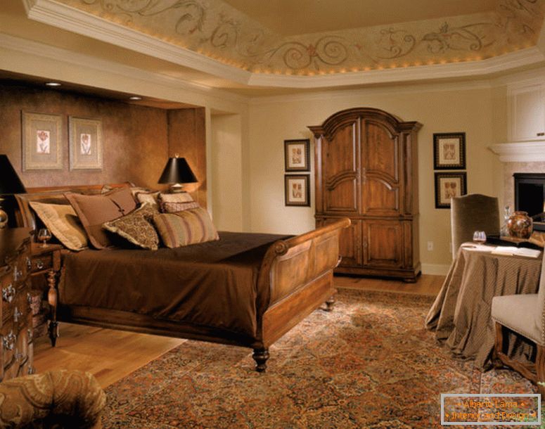 средата на века-царска спалня-дървени легла кадър-мебели-персийски килим-кафяво-черта-стена