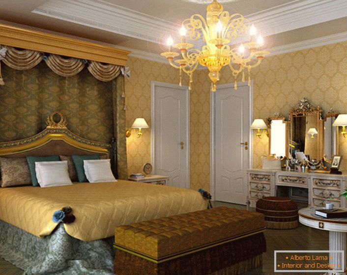 Просторна спалня в стил Емпайър с подходящо избрано осветление. Над леглото се крие балдахин от скъпата тежка тъкан.