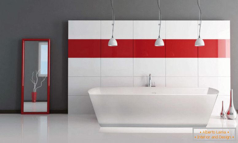вдъхновение-баня-очарователен Трите индустриални-висулка светлини спрямо същия период на свободно стояща вана, както-добре като-червени ленти-стена-винетка, както-украсяват-в-сиво и червено-баня-decorating- идеи-привлекателен-червено-баня-за