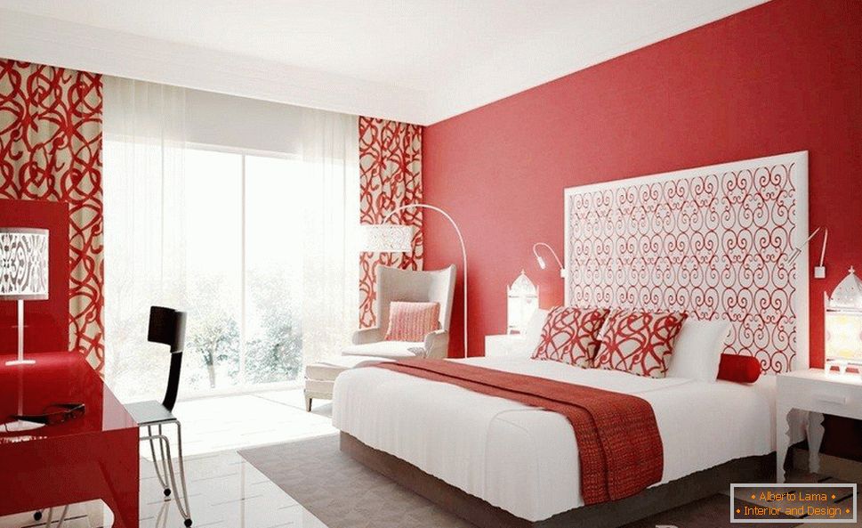 Бели мебели в спалнята с червени стени