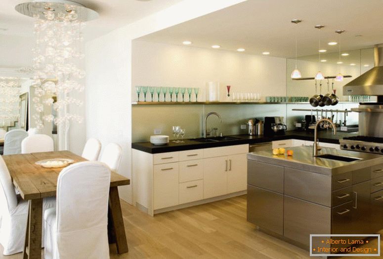 прекрасни-отворени кухня-дизайн-съчетаващи-с-трапезария-концепция-декорация-и-шик-маса за хранене-бели столове-cabinetary-завършен-артистични-висулка-полилеи-вдъхновение