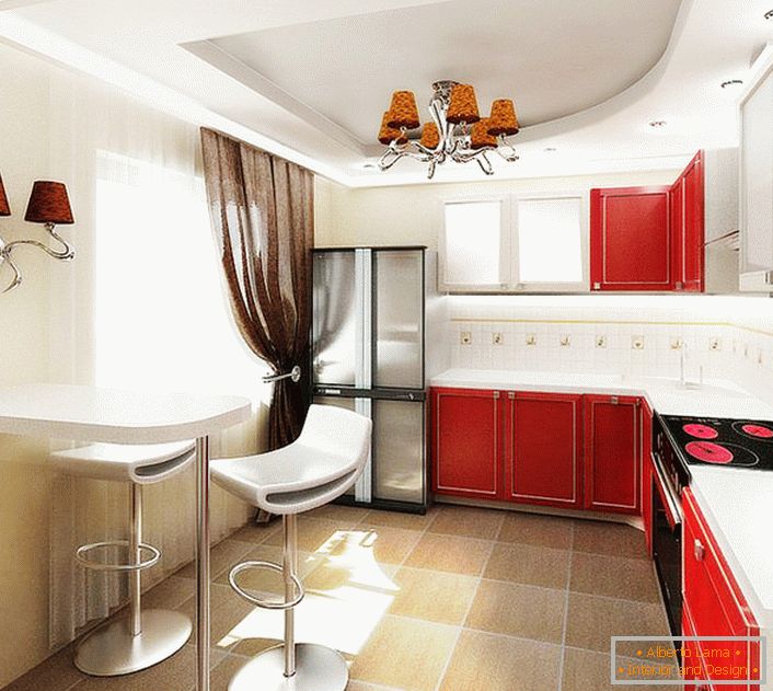 Проект за кухня в обикновен апартамент в Москва. Контрастна комбинация от цветове, функционални мебели, които не са обременени с мебели, лаконично осветление - индекси на безупречен стил на собственика на жилището.