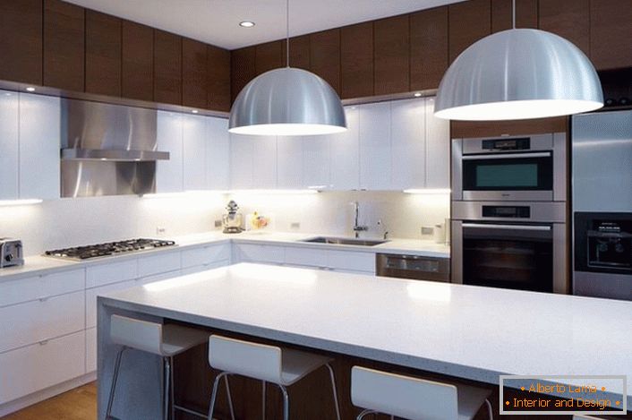 Дизайн решение в стила на минимализма за просторна, светла кухня. 