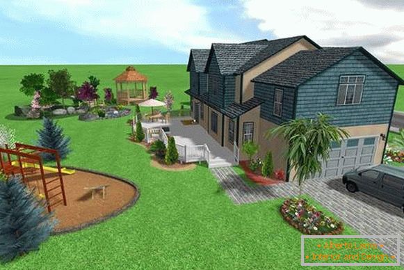 Озеленяване на селска къща 10 дка - снимка с детска площадка