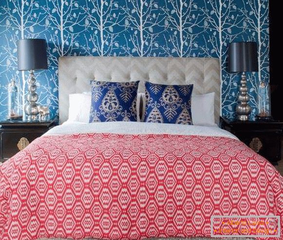 Светло синьо тапет в дизайна на спалнята 2016