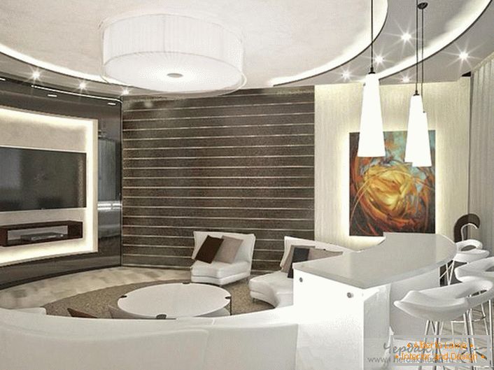 Дизайнерът успешно избра осветлението за хола в стила на високите технологии. Многоетажните окачени тавани приличат благоприятно с осветление на място.
