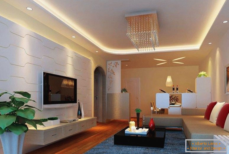 окачен таван-поп-дизайн-осветление-за-хол-интериор стена ламперия-2014