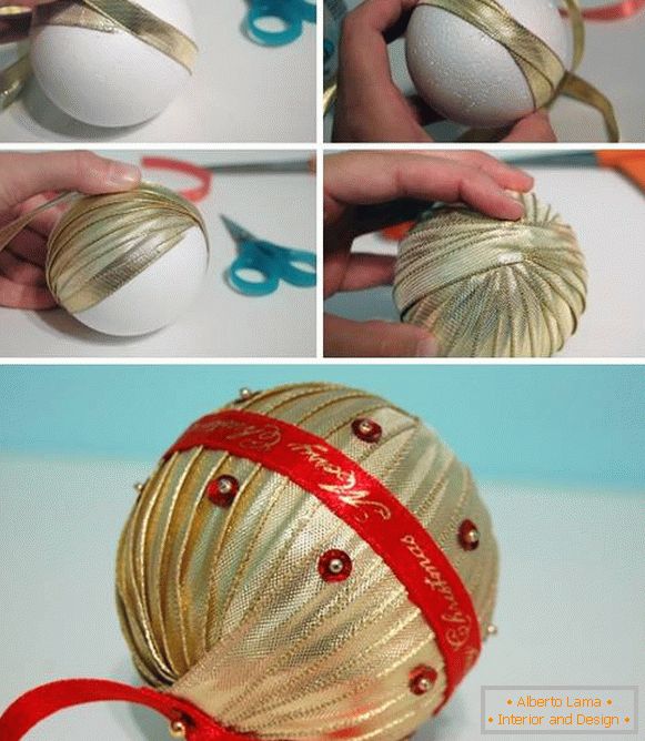 Как да направите топка от Нова година от сатенени панделки