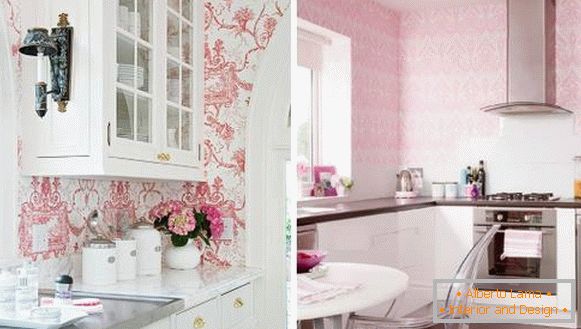 Розова кухня с тапети по стените