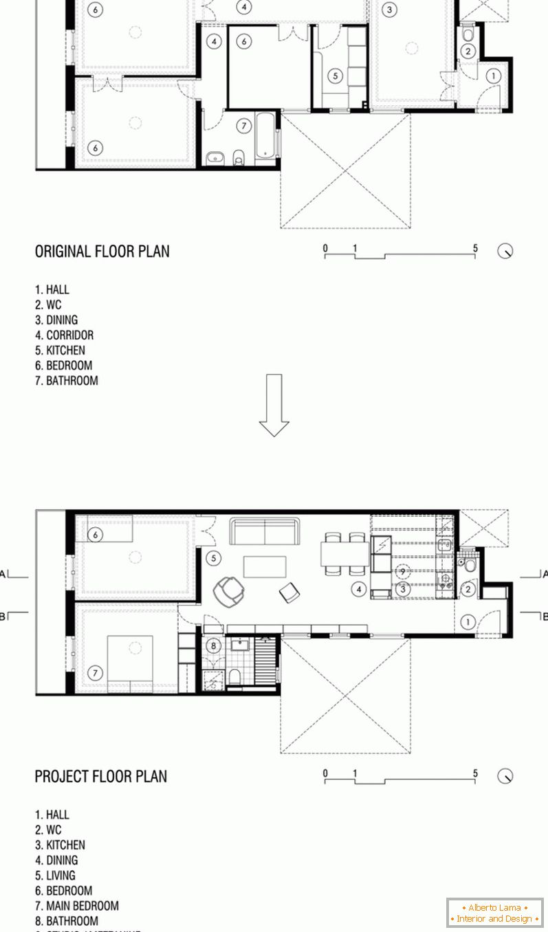 Разпределение на апартамент с високи тавани преди и след ремонт