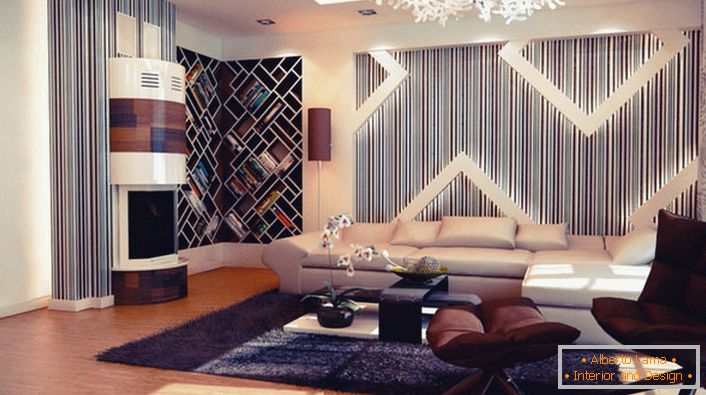 Просторна спалня с авангардни форми в интериора, мебели и портал за био-камини