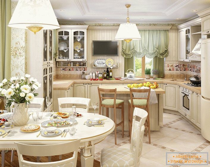 Кухнята, организирана в стила на страната, се съчетава с хола. Правилното подреждане на светли и декоративни акценти прави стаята привлекателна и изискана.