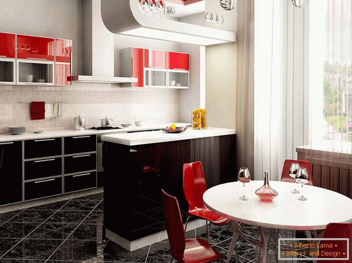 Класическата комбинация от бяло, червено и черно. Чудесен бар-брояч, разделящ работните помещения и трапезарията.