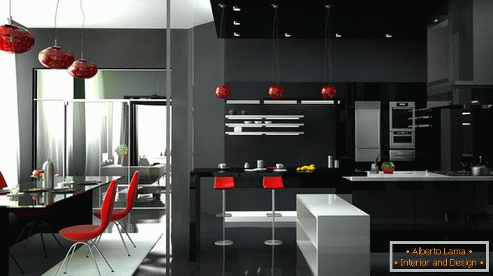 Елегантна студийна стая с оригинални високотехнологични мебели. Червеният цвят винаги изглежда на черно-белия фон на интериора.