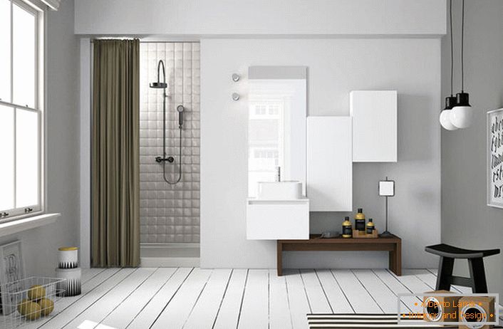 Във вътрешността на банята в скандинавски стил, полиран под е особено привлекателен. 