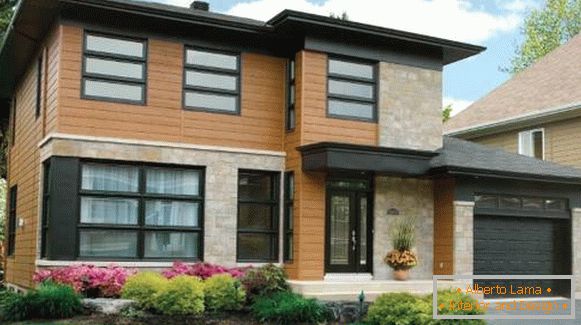 Довършителни фасади на частни къщи с фасадни панели - снимка на дървени панели