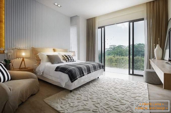 Спалня с панорамни прозорци - снимка на красив интериор