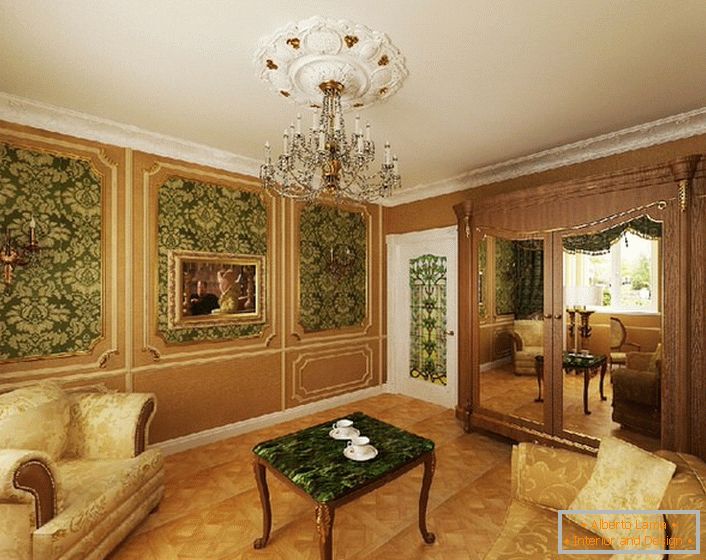 Благородният зелен цвят в комбинация с жълтото злато изглежда рентабилен в стаята за гости в ампер стил.
