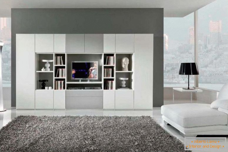 Удивително-дневна-цветен дизайн с модерен интериор-дневна-с-бяло-голям шкаф за книги-дневна-дизайн-и-съвременен-фур-килим-сиво-дизайн-идеи